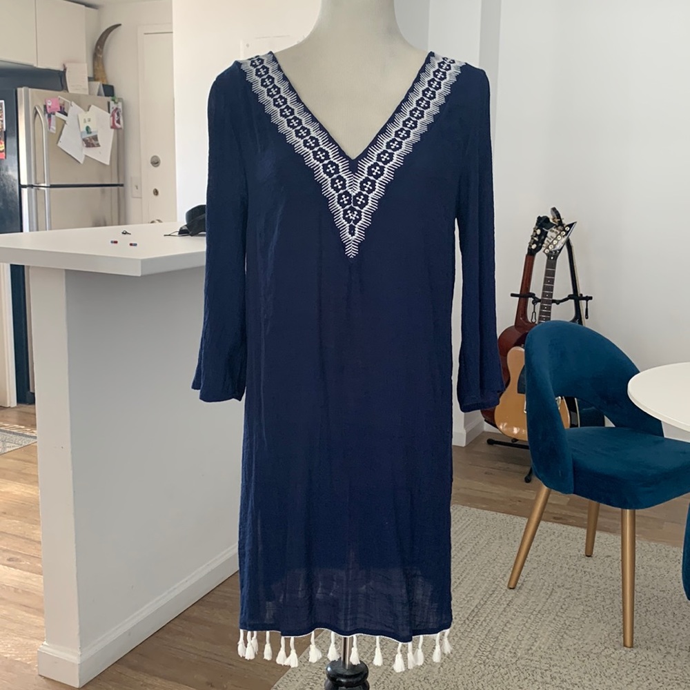 Zara Boho navy blue tassel cover up S